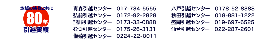 地域の皆様と共に80年引越実績！！青森引越センター　017-734-5555、弘前引越センター　0172-92-2828、五所川原引越センター　0173-33-0888、むつ引越センター　0175-26-3131、八戸引越センター　0178-52-8388、秋田引越センター　018-881-1222、盛岡引越センター　019-697-6525、仙台引越センター　022-287-2601