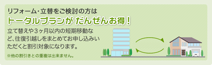 リフォーム・立替をご検討の方はトータルプランが だんぜんお得！立て替えや３ヶ月以内の短期移動など、往復引越しをまとめてお申し込みいただくと割引対象になります。※他の割引きとの重複は出来ません。